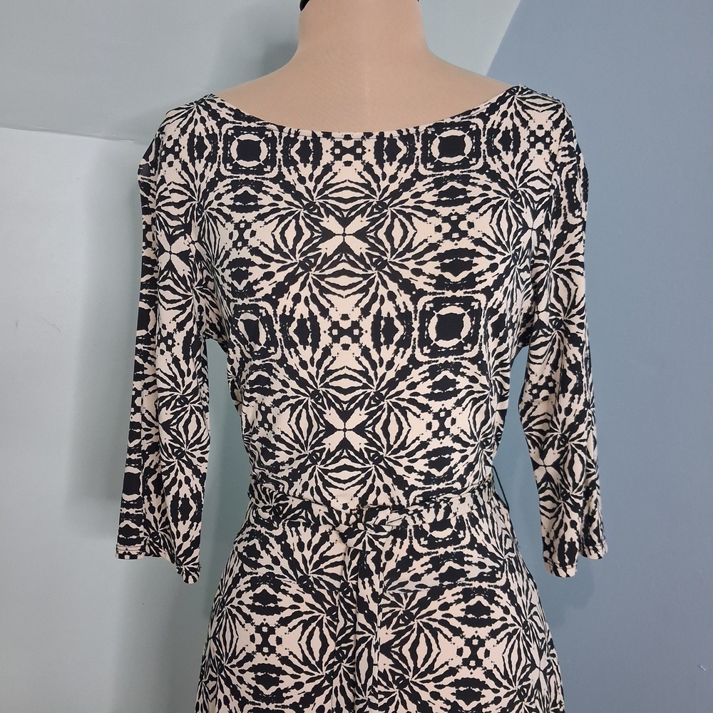 Leota High Modern Midi Dress Hand Made NY USA Belted Geometric 3/4 Sleeve SZ L - Picture 11 of 12